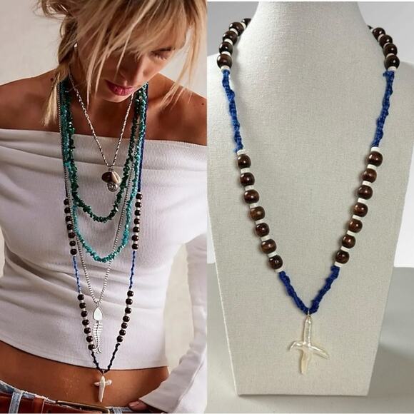 Free People Ariana Ost Easy Does It Pearl Cross Strand Necklace Bohemian Beach - Picture 2 of 16